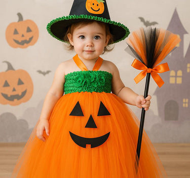 Pumpkin Tutu Dress with Witch Hat & Broomstick | Girls Jack O’ Lantern Halloween Costume | Toddler Pumpkin Dress Outfit