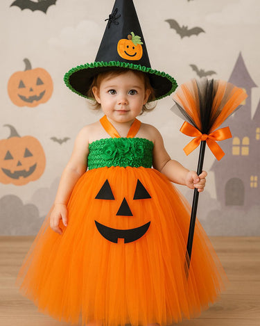 Pumpkin Tutu Dress with Witch Hat & Broomstick | Girls Jack O’ Lantern Halloween Costume | Toddler Pumpkin Dress Outfit