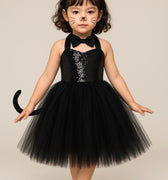 Girls Black Cat Tutu Dress with Sequins, Ears & Bowtie | Toddler Cat Costume Halloween Outfit Size 1-8