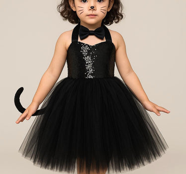 Girls Black Cat Tutu Dress with Sequins, Ears & Bowtie | Toddler Cat Costume Halloween Outfit Size 1-8