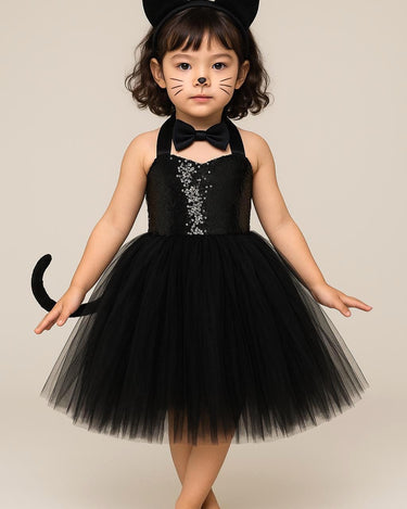 Girls Black Cat Tutu Dress with Sequins, Ears & Bowtie | Toddler Cat Costume Halloween Outfit Size 1-8