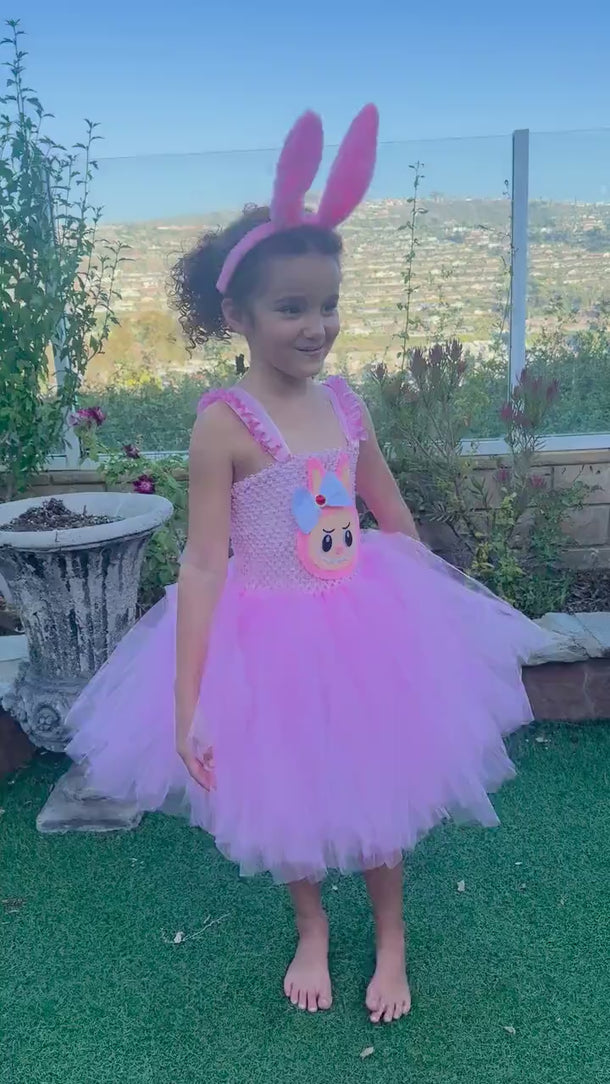 Labubu Tutu Dress with Ear Headband | Girls Pink Tulle Costume Birthday Outfit | Labubu Party Dress Halloween Cosplay Size 1T-14
