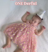 Peach Daisy First Birthday Dress with Matching “1” Party Crown – Baby Girl Outfit for Cake Smash & Photos