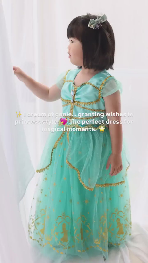 Genie Princess Dress – Jasmine-Inspired Teal & Gold Birthday Party Costume